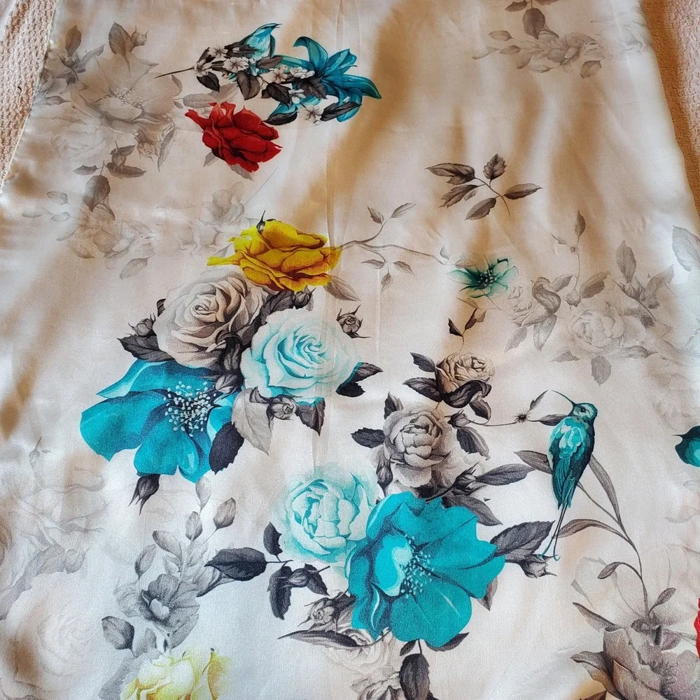 Vintage 100% Silk Rectangular Scarf Floral Bird Print Teal Red White 68x20